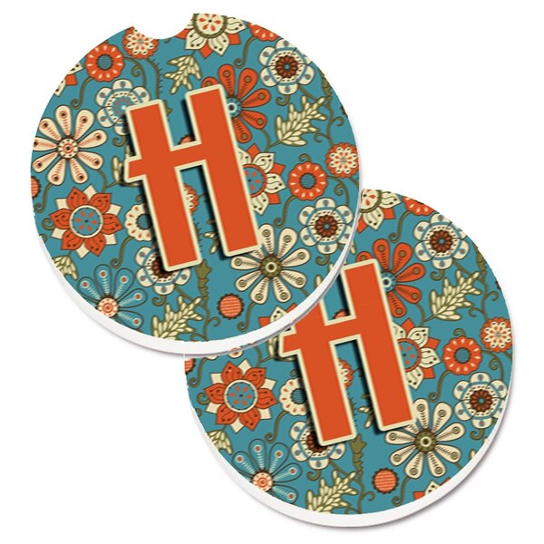 Carolines Treasures Letter H Flowers Retro Blue Set of 2 Cup Holder Car Coaster CJ2012-HCARC - main